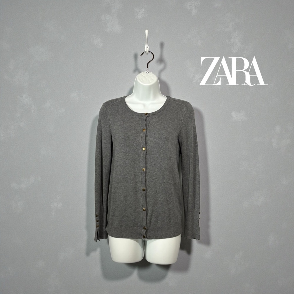 ZARA Knit, Grey Fine Knit Cardigan With Gold Buttons, Size M
